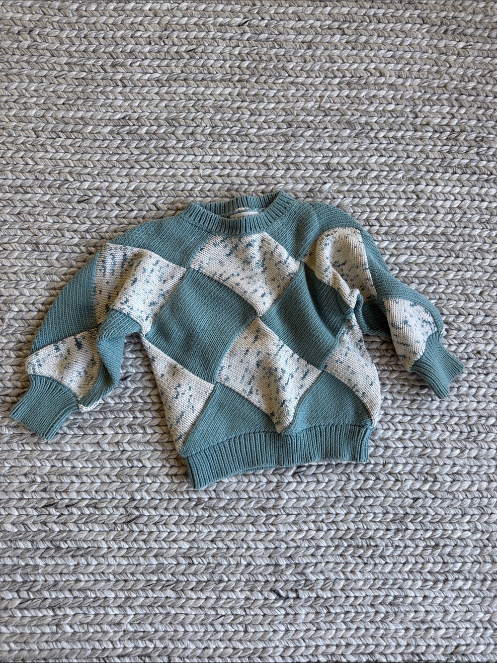 Misha And Puff Sage Green & Cream Patchwork Knit Sweater